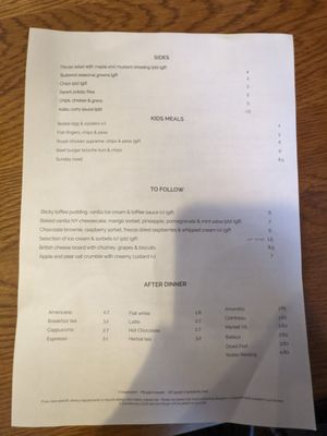 Menu at The Petersfield in Cambridge