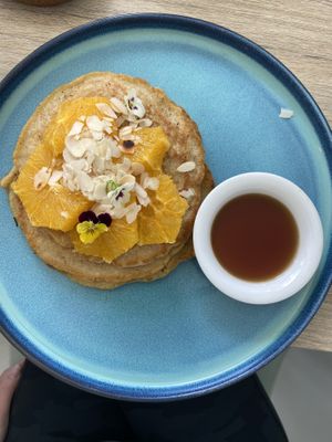 orange pancakes made vegan  at Kafe 5999 in Willemstad