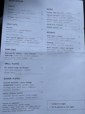 Vegetarian menu  at Hello Beasty in Auckland