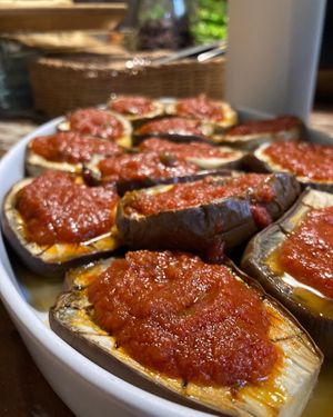 baked aubergine with tomato sauce at Casale Hortensiae in Orte