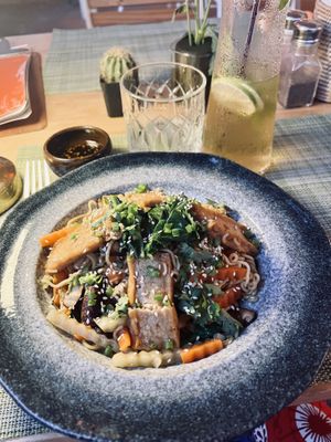 Pumpkin noodles and a refreshing nonalcoholic drink   at HeyBong - The Healthy Secrets  in Siem Reap