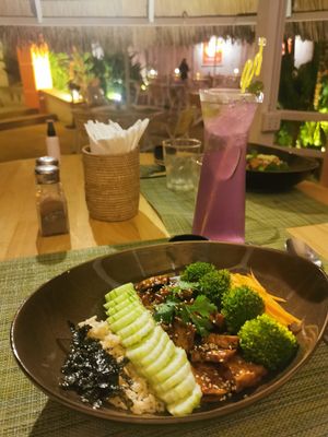 So good! Tofe teriyaki bowl and a home made butterfly pea flower lomonade at HeyBong - The Healthy Secrets  in Siem Reap