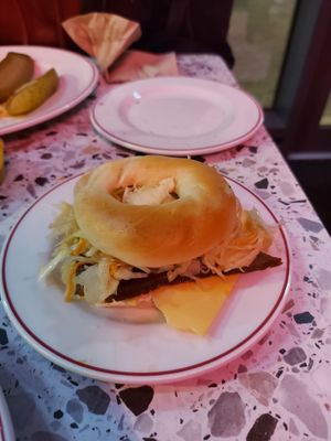 My own creation with mheat, slaw and cheeze at Bross Bagels - St James in Edinburgh