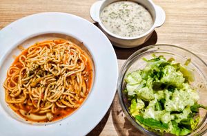 Tomato pasta with mushroom soup and salad at Lian Xin - 莲芯膳坊 in Central Singapore