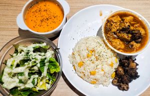 The best: Salsa butter corn rice with sweet potato soup and salad at Lian Xin - 莲芯膳坊 in Central Singapore