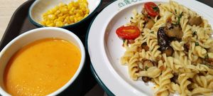 Pasta set with corn and carrot soup $6.20 at Lian Xin - 莲芯膳坊 in Central Singapore