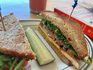 OG Farmers Market Breakfast Sammie and a good pickle at Tandem Bakery & Cafe in Missoula