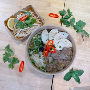 Rn5. Pho (Flat Rice Noodles Soup)
Flat Rice Noodles, Pho Broth, Nil-beef Slice (Contains Gluten And Soya), Marinated Tofu Or Gio Chay (Contains Gluten And Soya), Beansprouts, Spring Onion, Coriander, Mild Red Chilli, Seasonal Basil.
 at BUDDHA TASTE in South East London