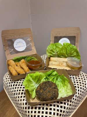 S05.Quorn Fillet Katsu & S01. Vietnamese Spring Rolls & S06.Buddha Taste Patty at BUDDHA TASTE in South East London