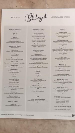 Menu with Coffee, Bowls, Toasted Bread and other snacks   at Bio Cafe Blütezeit in Vienna
