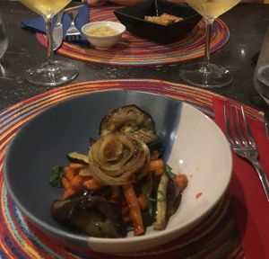 Eggplant at the bottom and on the top hummus..  at La Bodeguita del Mar in Santa Maria
