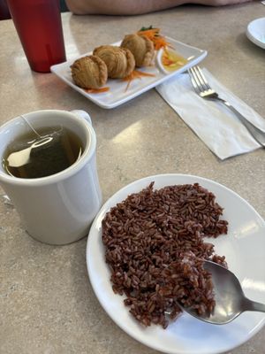 Vegetarian samosas, green tea, side of brown rice.  at Thai Orchid in Stroudsburg
