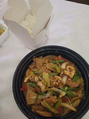 Mock duck with rice and spicy basil sauce at Thai Orchid in Stroudsburg