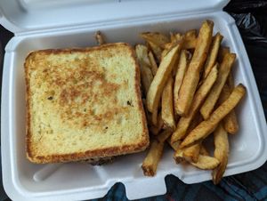 Texas melt and fries at Oops All Vegan in Jackson