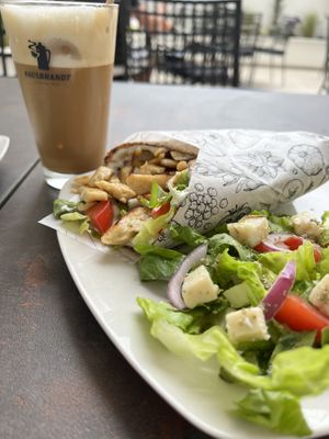 ice cappuccino and gyros   at Elysian Plant Based Kitchen Bar in Limassol