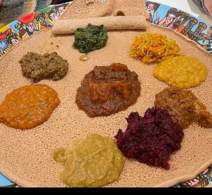 The 9 dish share plate. Perfect portion for two. A little of all the goodness  at Vegitopia in Brussels