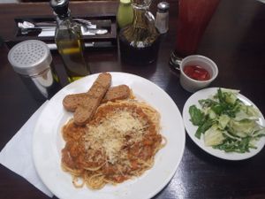 almuerzo corriente,  typical lunch, $10.000   (4 dollars) at VEGANO El Buen Alimento in Cali