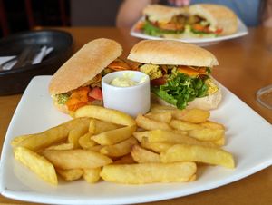 Vegan curry tofu sub with fries ($5) at Subs Sandwich Bar in Cotacachi