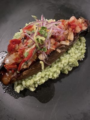 BBQ jackfruits with pickled veggies, fried quinoa and rice  at estela in Rincon