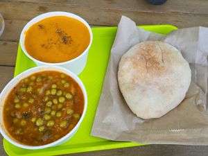Vegan menu of the day: tomatoes soup cream, pea food with dill and hot pita at Panway in Craiova