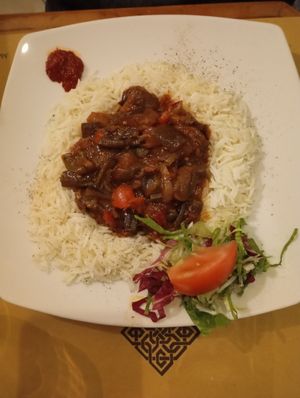 Okra mousakka with basmati rice at Al Madina in Pisa