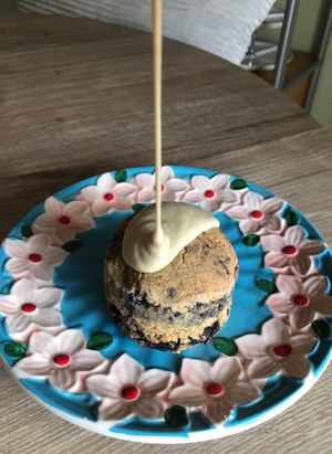 Blueberry scone with cashew vanilla sauce🤤  at Wild & The Moon - Van Woustraat in Amsterdam