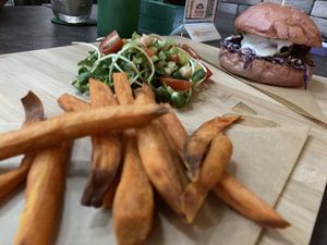 Spicy mushroom burger without the spice  at The Vegan Table in Bangkok