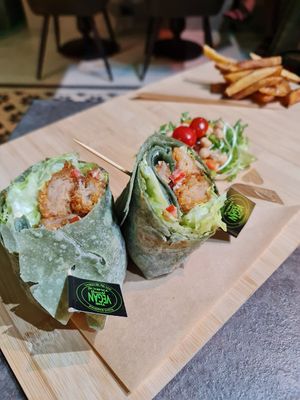 Mock chicken nuggets wrap at The Vegan Table in Bangkok