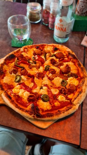 Spicy no meatball pizza at The Vegan Table in Bangkok