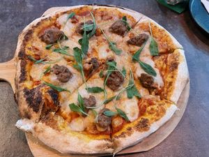 Sausage rucola pizza, 399 baht  at The Vegan Table in Bangkok