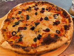 Mediterranean pizza, 399 baht  at The Vegan Table in Bangkok