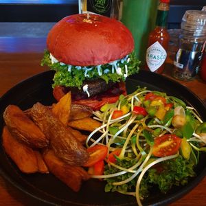 pesto falafel burger at The Vegan Table in Bangkok