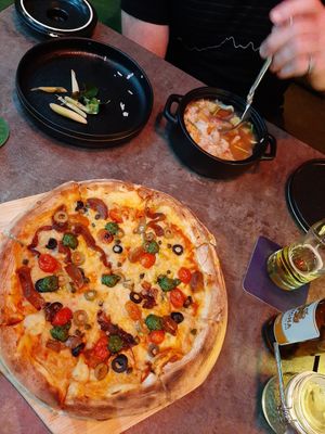 Pizza & Tom Yum Soup with Tofu. 😋 at The Vegan Table in Bangkok