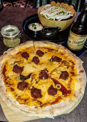 Spicy Meatball Pizza at The Vegan Table in Bangkok