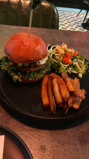 Beyond meat burger with fries  at The Vegan Table in Bangkok