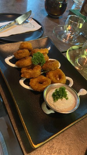"Calamari" rings with vegan mayo dip  at The Vegan Table in Bangkok