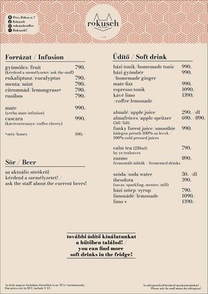 Menu at Rokusch in Pecs