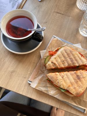 Fruit tea and vegan sandwich  at Rokusch in Pecs