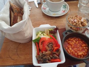 Brunch selection: vegetables, baked beans, vegan yogurt with granola (and freshly toasted delicious bread) at Beans and Tales in Malmo