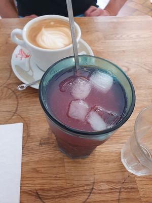 Homemade raspberry syrup and cappuccino at Beans and Tales in Malmo