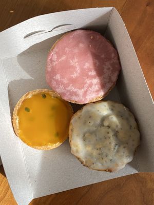 passionfruit pastry, lemon poppy seed cupcake and pink glacé cake  at All Greens  in Amsterdam