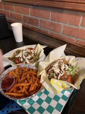 Lamb gyros and sweet potato fries  at Vegan Grill - St Marks in New York City