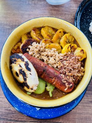 Stew with vegan sausage and vegan protein  at Zona ProSalud in Guatape