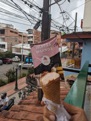 Carob icecream and the sign that pulled me in at Zona ProSalud in Guatape