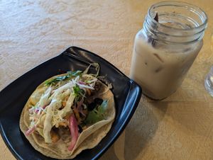 vegan calamari taco, horchata at Mayan Kitchen in Sunnyvale