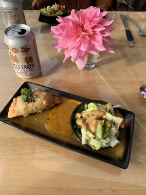 Samosa served with a salad  at Govinda's Restaurant in Septon