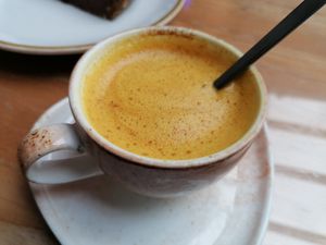 Golden latte (Chai is unfortunately pre-made with cow's milk) at Govinda's Restaurant in Septon