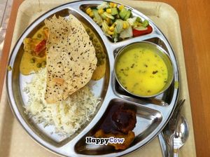 The menu of the day at Govinda's (consisting of salad, soup, rice, sabji, pakoras, and papadam).  at Govinda's Restaurant in Septon