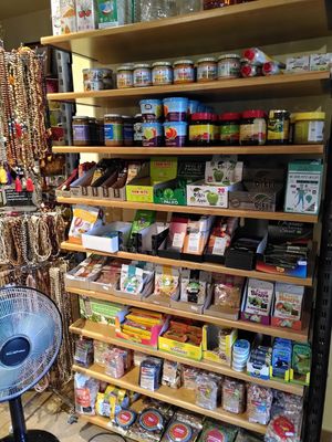 Store attached to the restaurant with basic organic goods and Indian clothing at Govinda's Restaurant in Septon