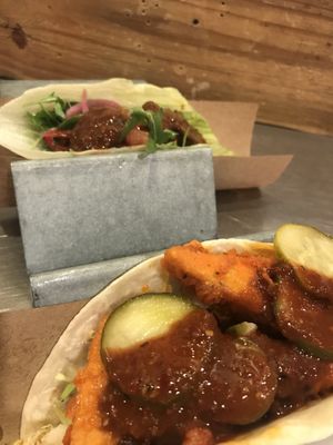 nashville tofu (front) n falafel (far) drench'd w/ house hot sauz at Velvet Taco in Houston